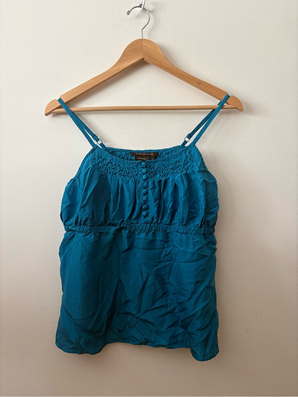BCBGMaxAzria Teal Smocked Button-Front Cami SILK